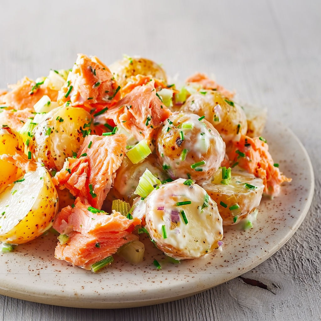 Une salade de saumon et de pommes de terre, avec des herbes vertes pour garnir.