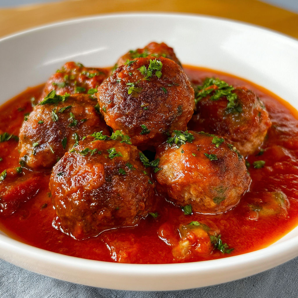 Une assiette de boulettes de viande dans une sauce tomate.