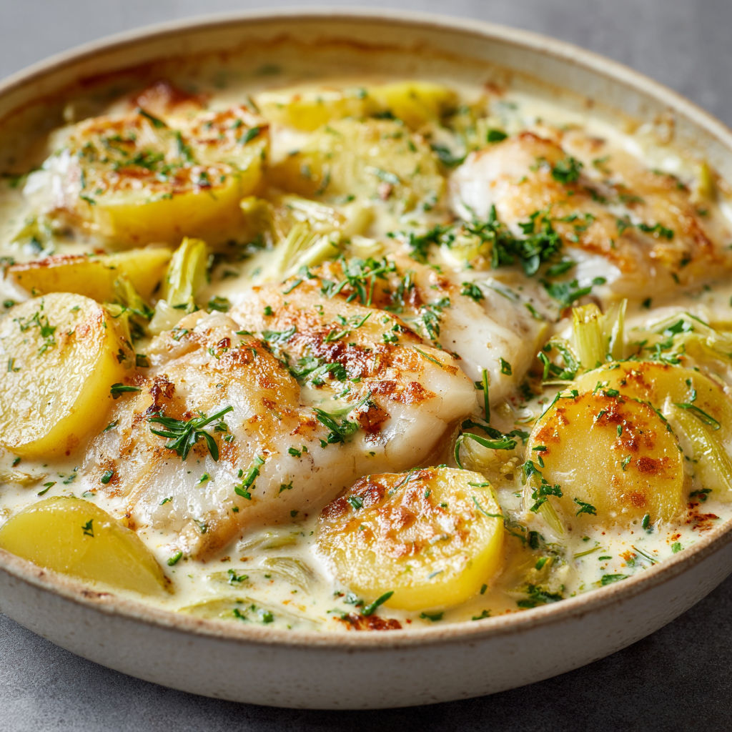 Casserole de sole et de pommes de terre, avec des légumes et des herbes, dans un bol en céramique.
