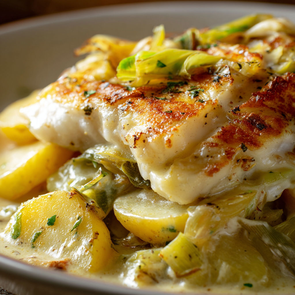 Une casserole de sole et de pommes de terre est servie sur un plateau.