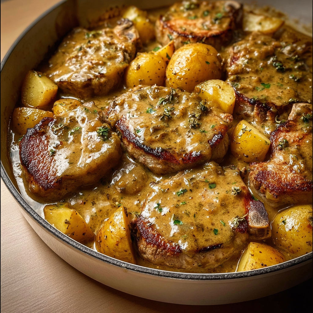 Une casserole de côtelettes de porc étouffées avec pommes de terre en sauce.