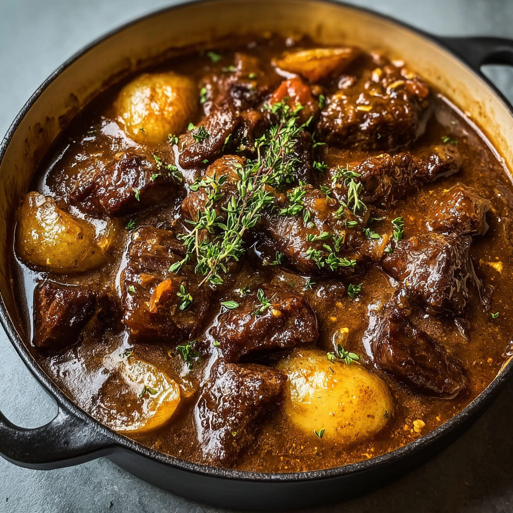 Une recette de carbonade flamande à la bière blonde est servie dans un bol en fer.