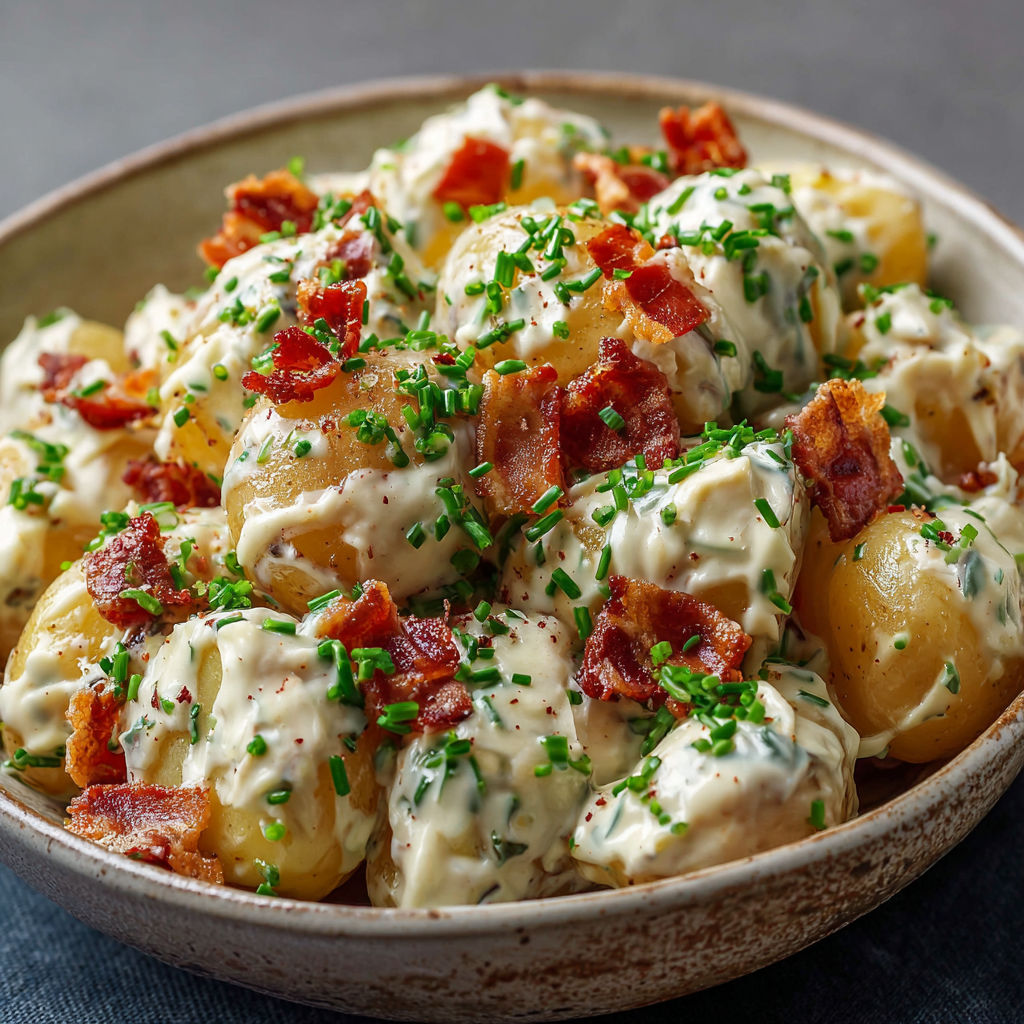 Une assiette de potatoes au bacon et herbes, avec une sauce au yaourt et herbes.
