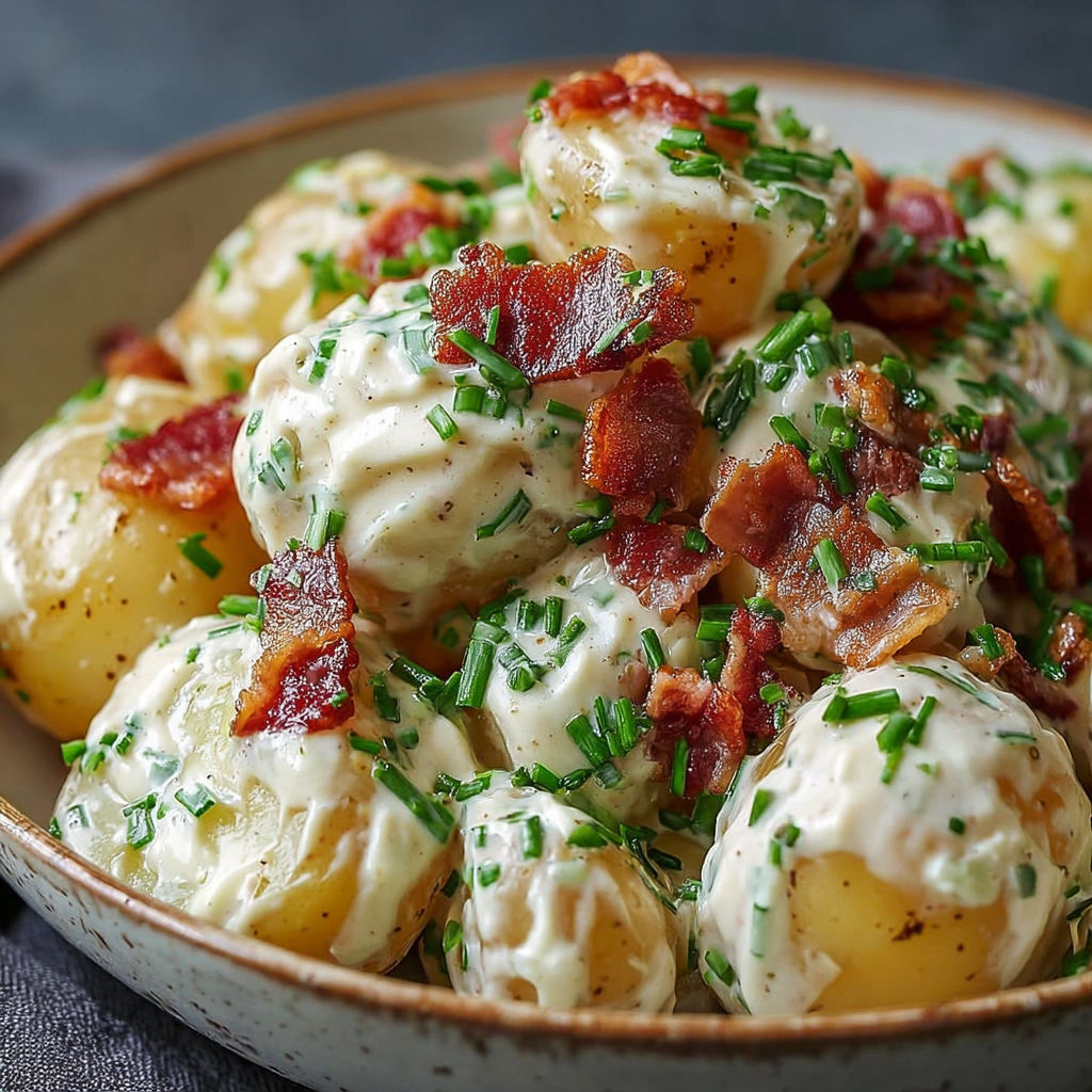 Une assiette de pommes de terre farcies de bacon et de herbes, accompagnées d'une sauce.
