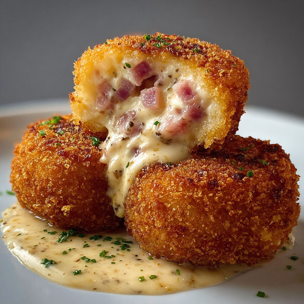 Une pâte de croquette est couverte de sauce au fromage et de fromage râpé.