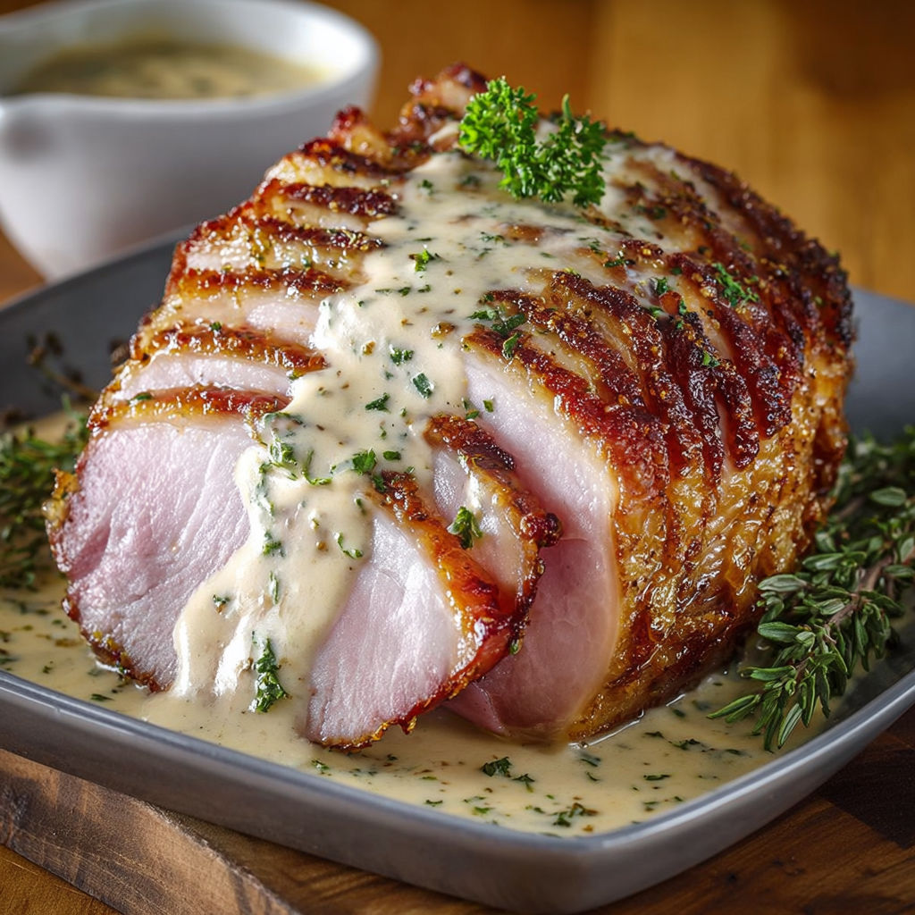Un plat de jambon de porc rôti au four, sauce crémeuse à la moutarde.