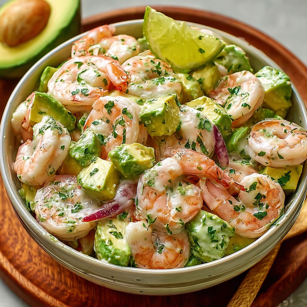 Une salade de crevettes et avocat crémeuse est servie dans un bol.