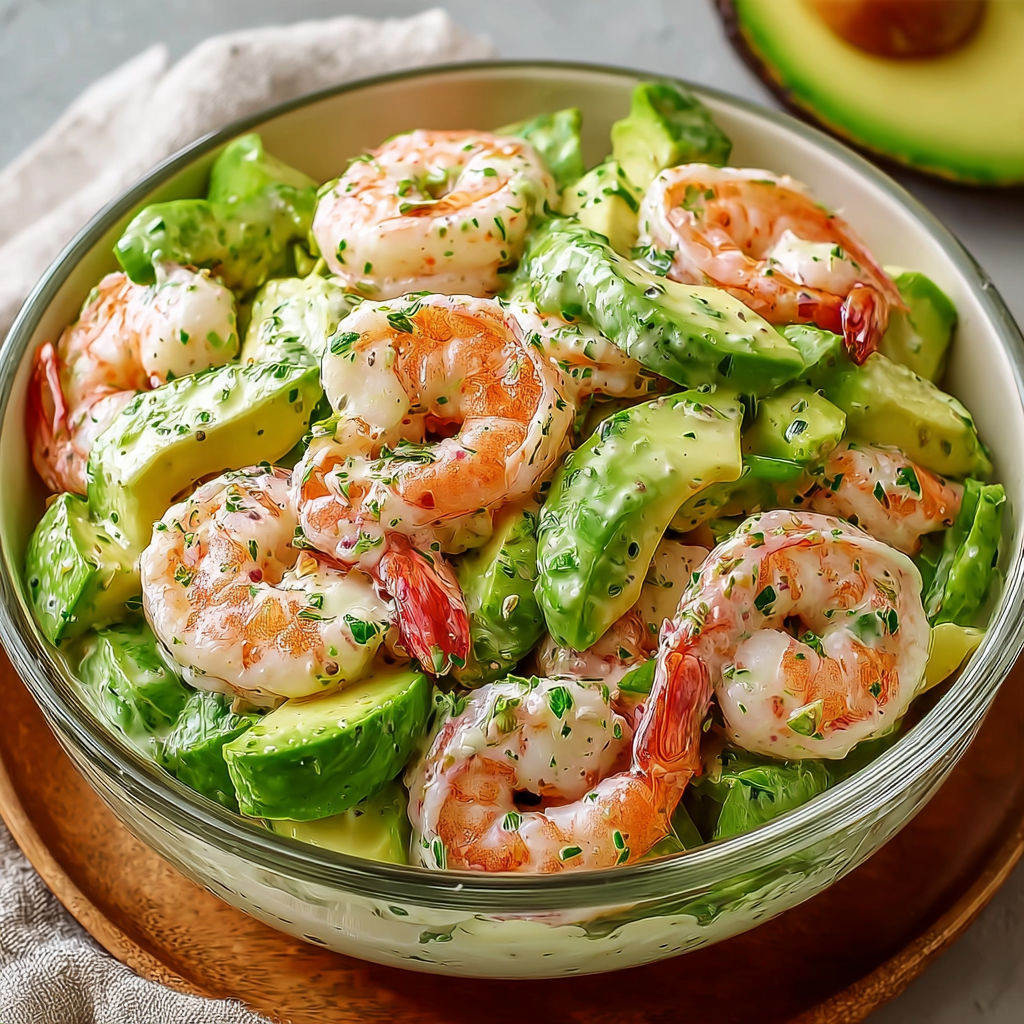 Une salade de crevettes et avocats, avec une sauce herbée et des légumes verts.