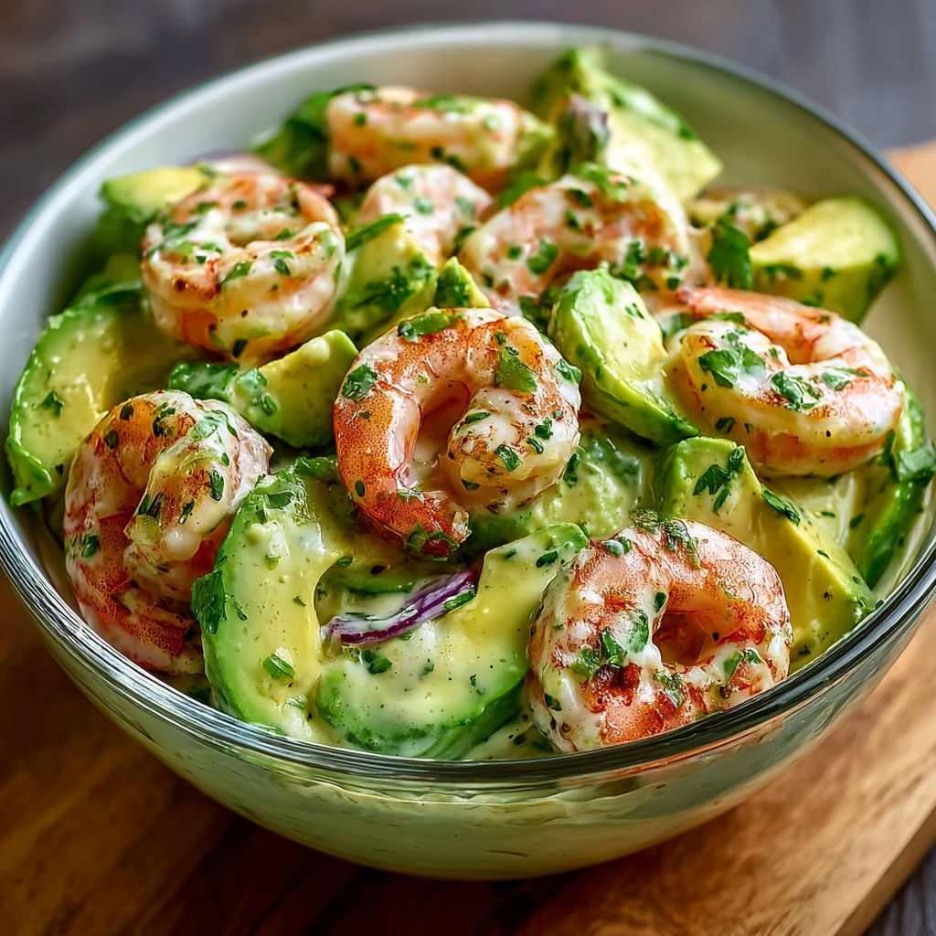 Une salade de crevettes et avocats, avec une sauce au yaourt et des herbes fraîches.