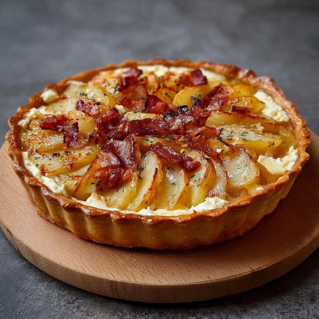 Une tarte aux pommes et bacon, servie sur un plateau de bois.