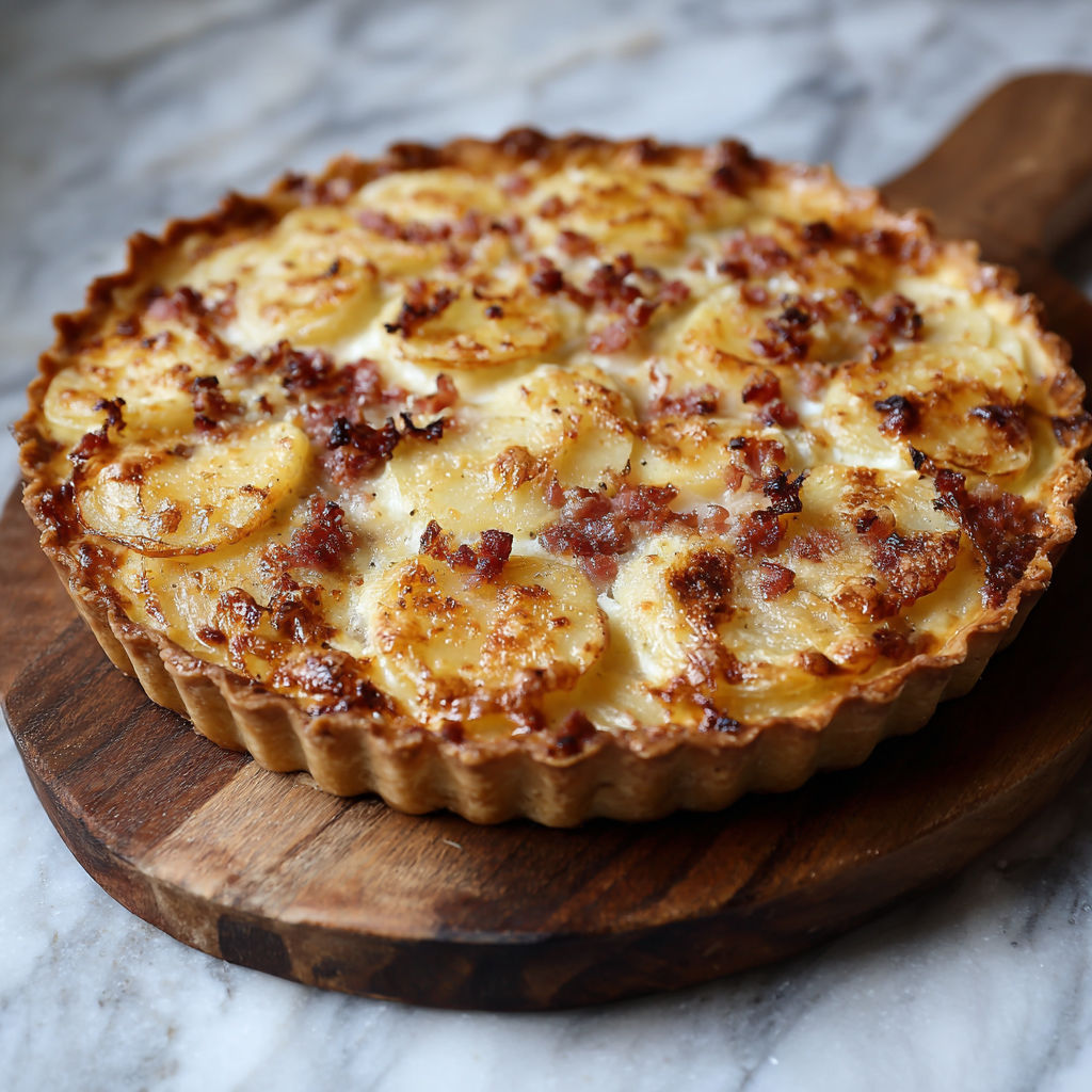Une tarte aux pommes et bacon, servie sur un plateau de marbre.