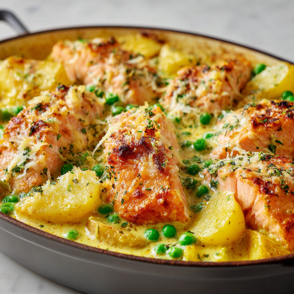 Une cassolette de saumon marinée au lait de coco et au curry, avec des pommes de terre et des pois, est servie dans un bol en métal.