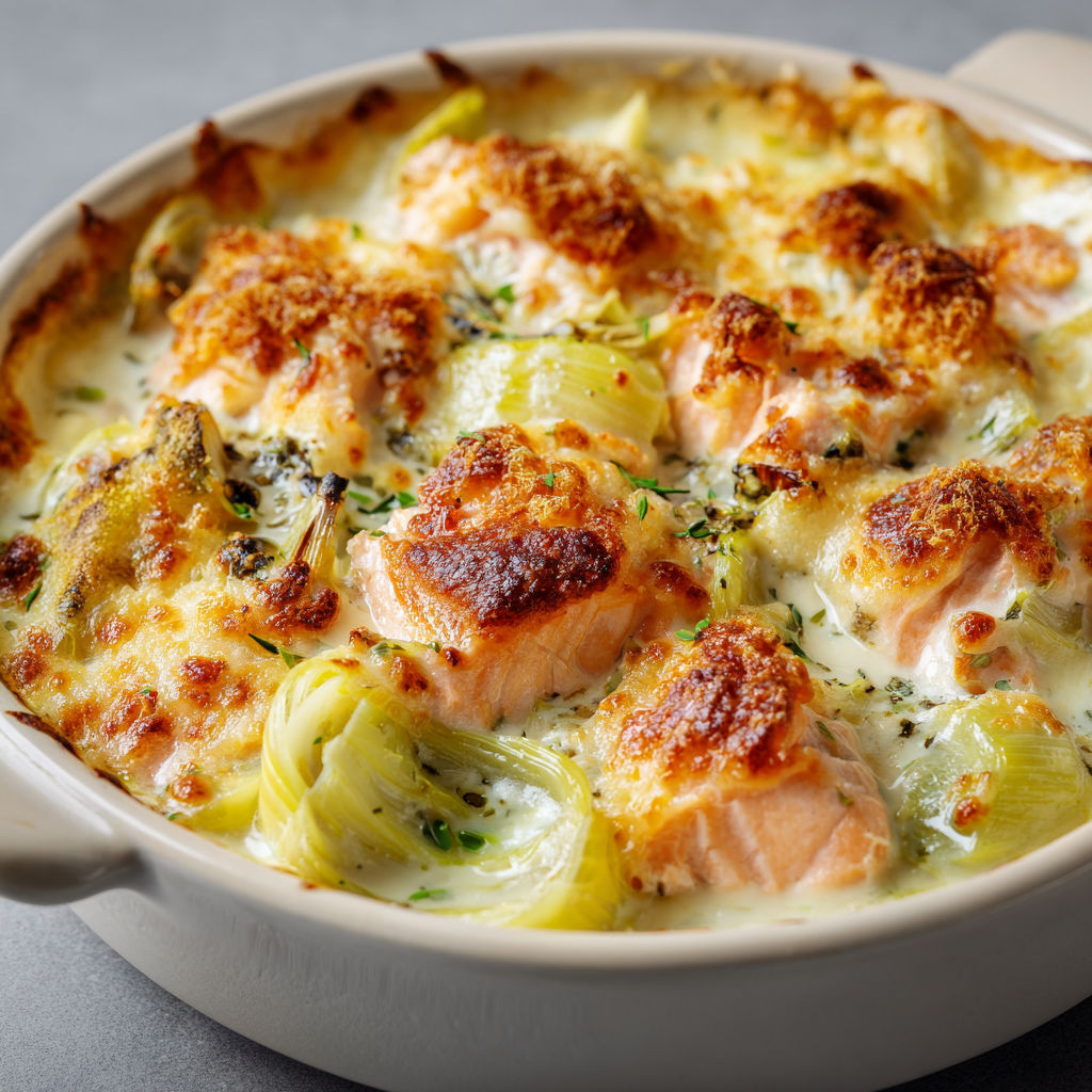 Une casserole de saumon et poireaux gratinés est servie dans un bol.