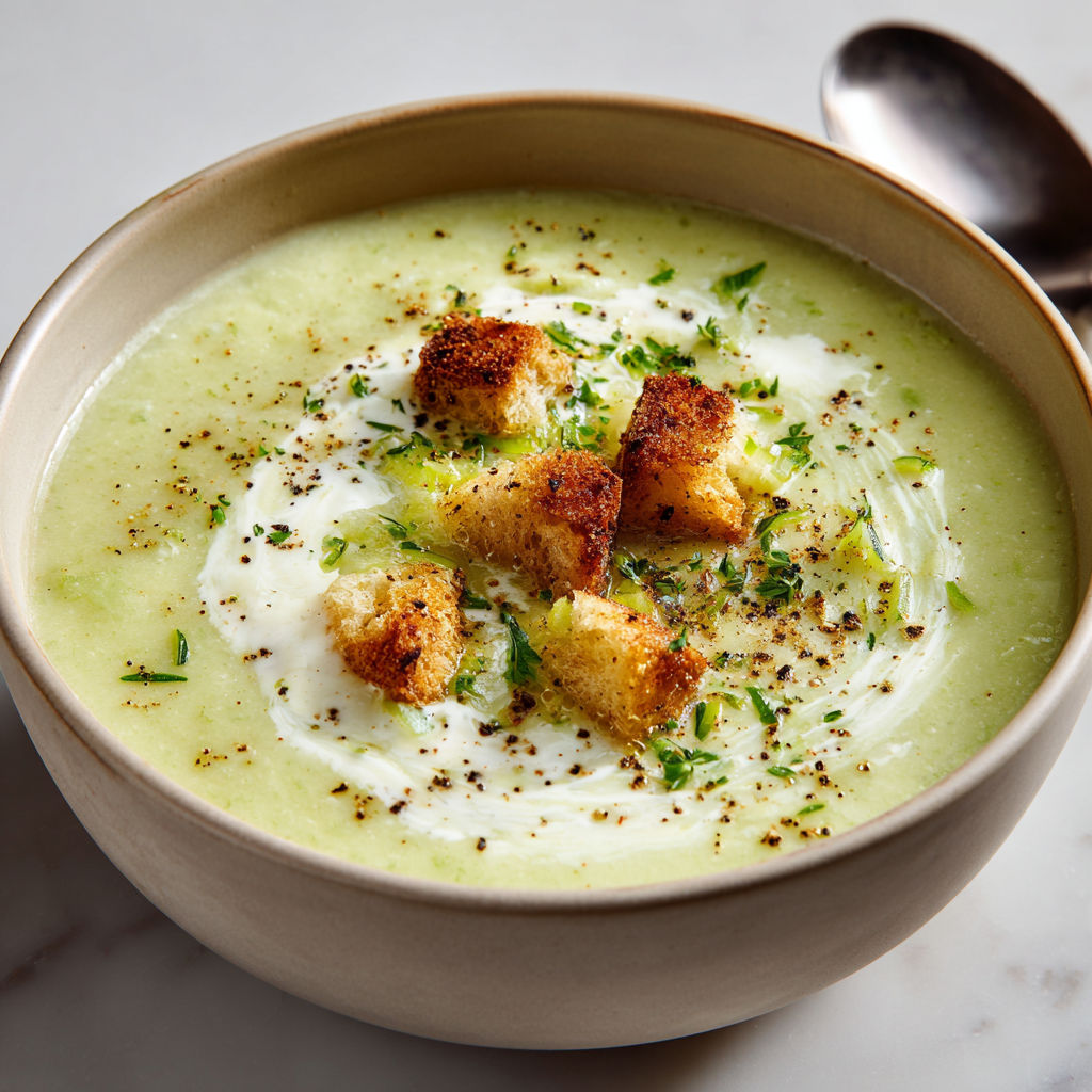 Une soupe de poireaux au Boursin est servie dans un bol en porcelaine.