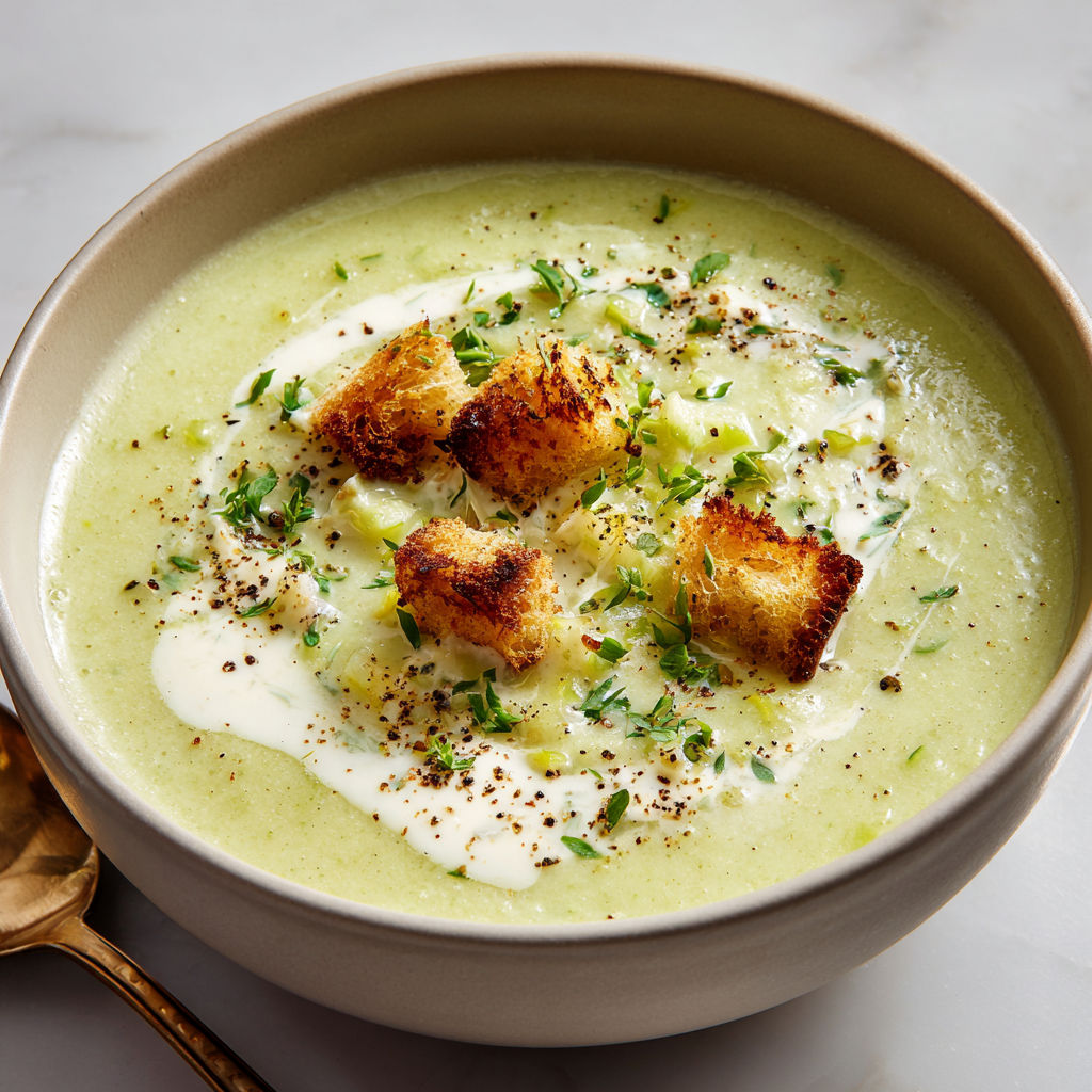Une soupe chaude avec des croûtes de pâte et des herbes.