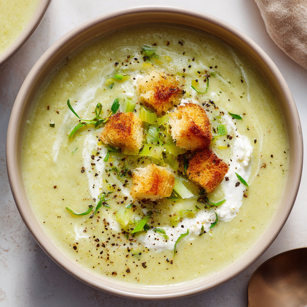 Une soupe de légumes et de pâtes, avec des croutons de pâte et des herbes vertes, est servie dans un bol en céramique.