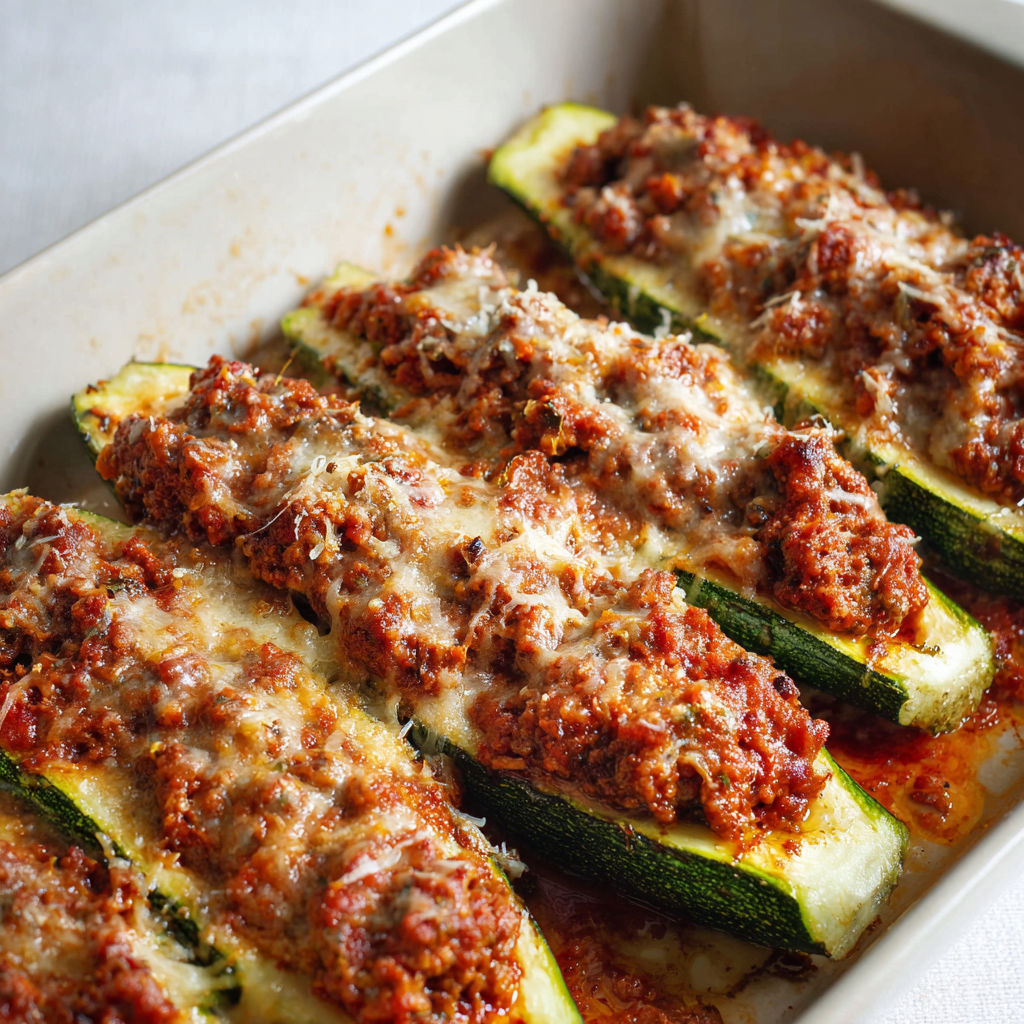 Une recette de courgettes à la bolognaise est servie dans un plat.