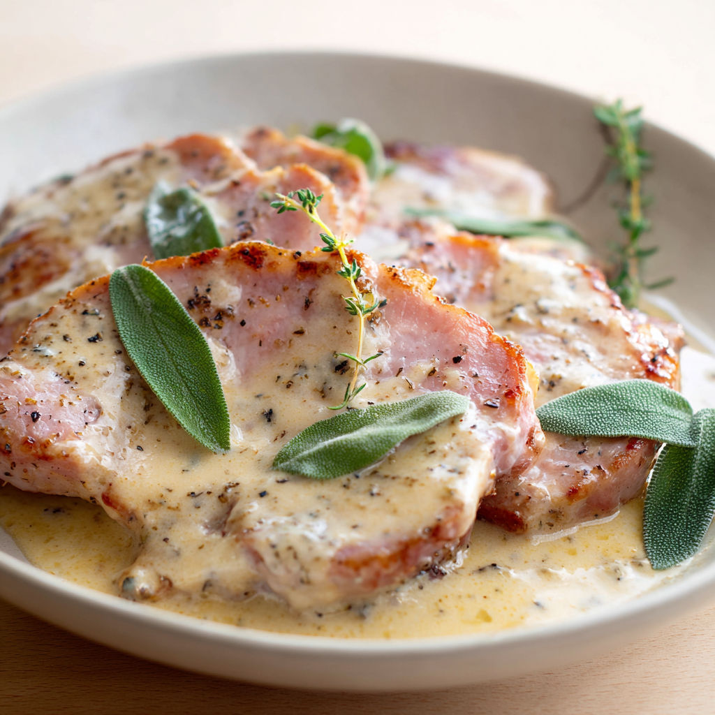 Steaks de jambon, sauce crémeuse à la sauge.