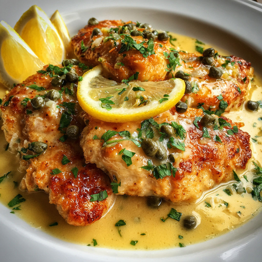Des escalopes de poulet au citron et aux câpres (piccata) servis sur un plateau.