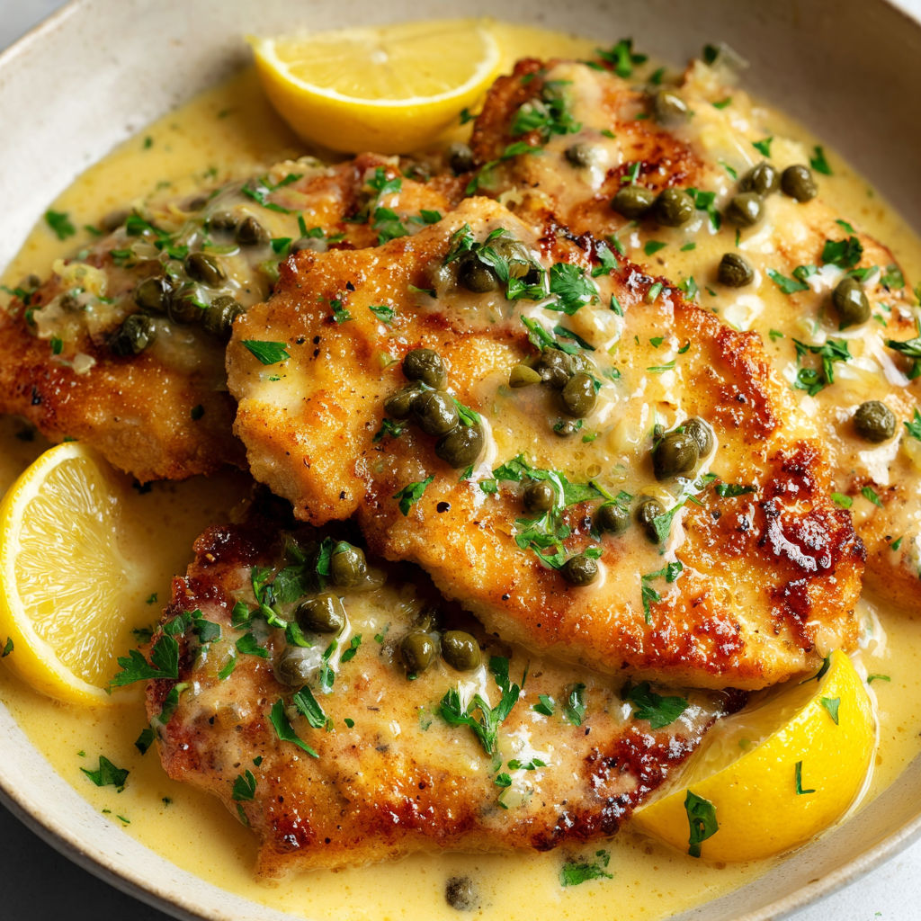 Plate of chicken with lemon and capers, served with a creamy sauce.