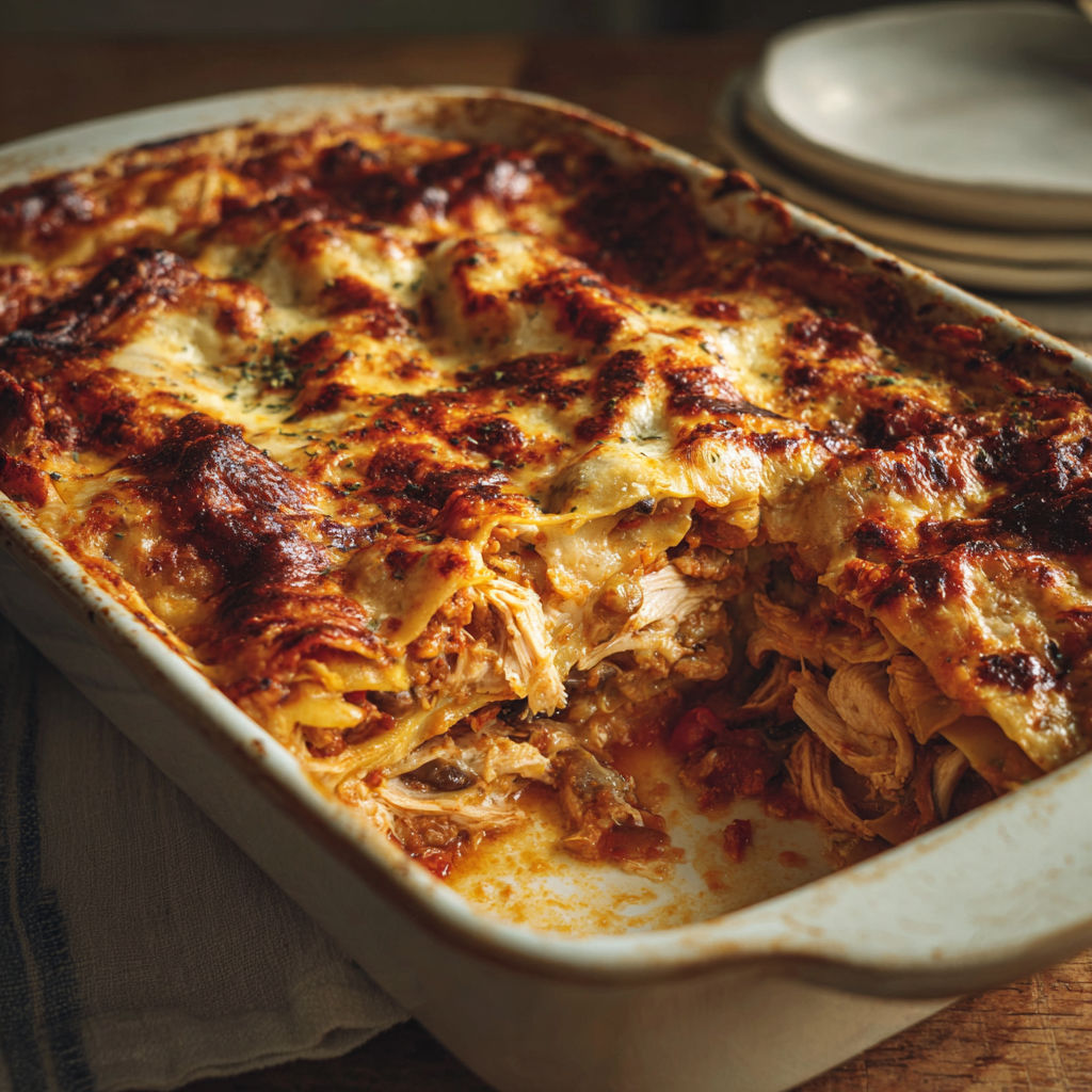 Une tarte au chicken et au bacon dans un plat en verre.