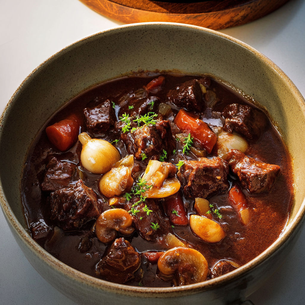 Une recette de stew avec des carottes, des champignons et des légumes.