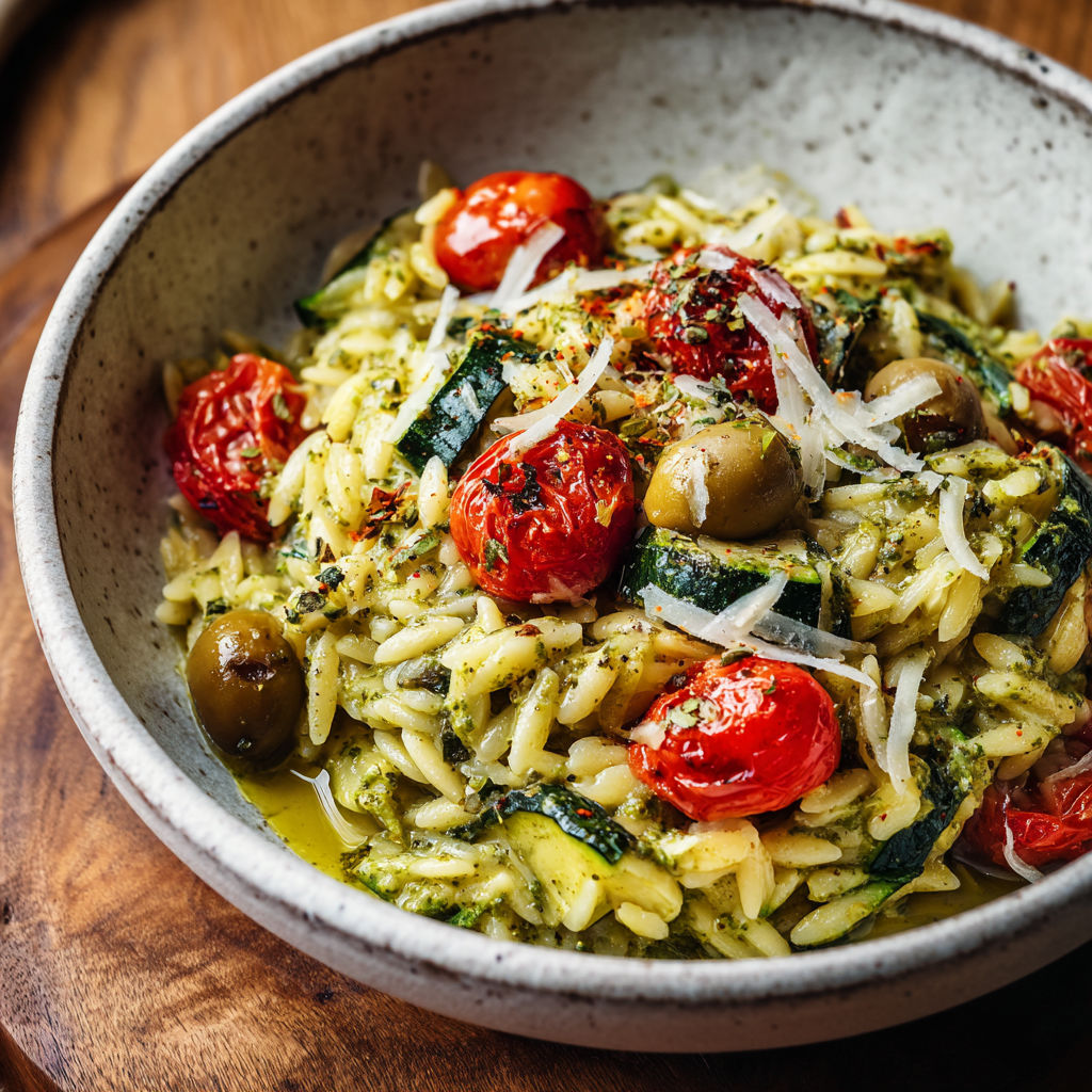 Orzo au pesto et aux courgettes dans un bol.