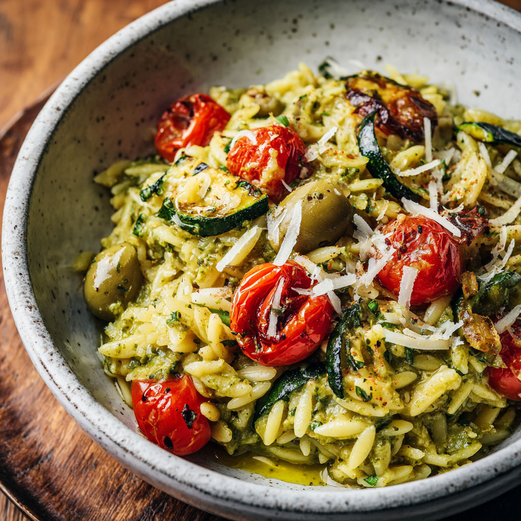 Une salade de penne avec des tomates et des herbes.