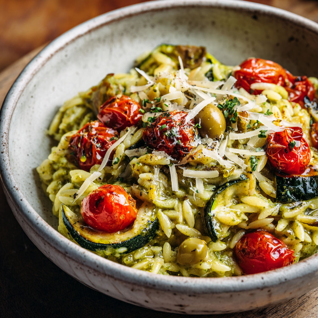 Une salade de riz et de tomates avec des herbes et des olives.
