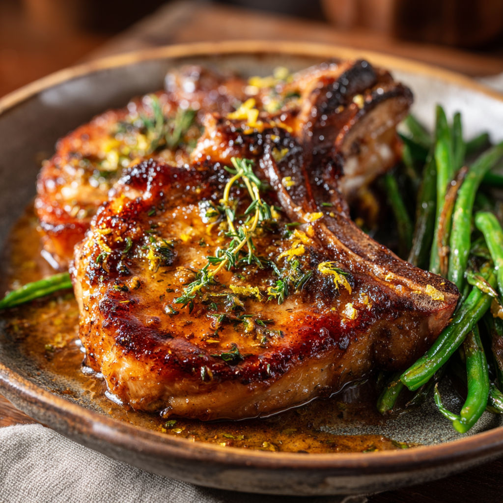 Une assiette de côtelettes de porc au citron et au thym, accompagnées de légumes verts.