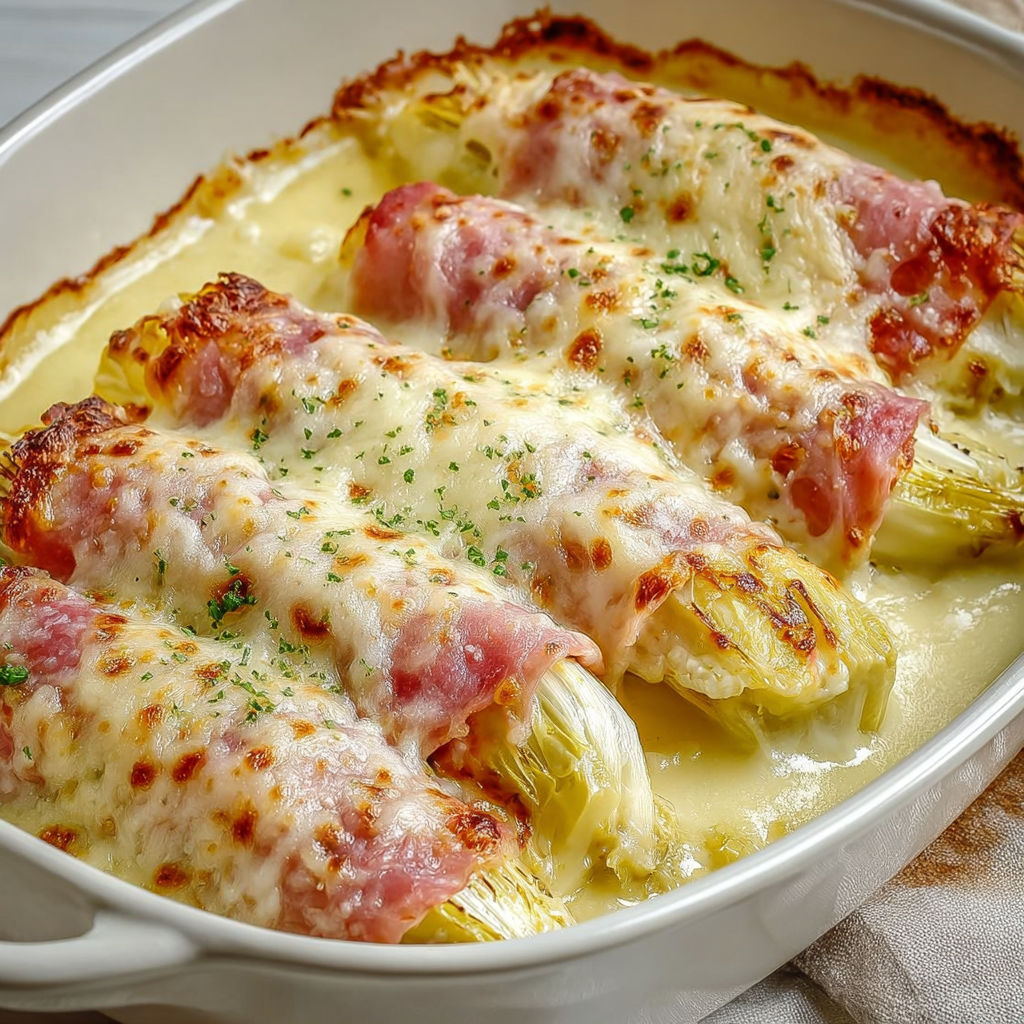 Une assiette de gratinés d'endives au jambon et à la béchamel.