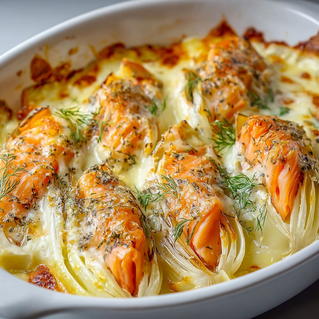 Une gratin d'endives au saumon fumé, crème citronnée et fromage, servie dans un bol blanc.