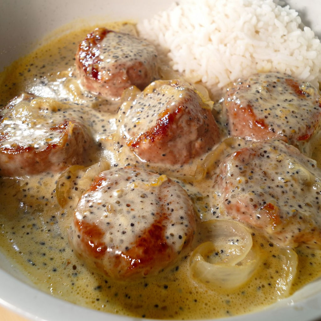 Une recette de paupiettes de porc à la crème fraîche est servie dans un bol.
