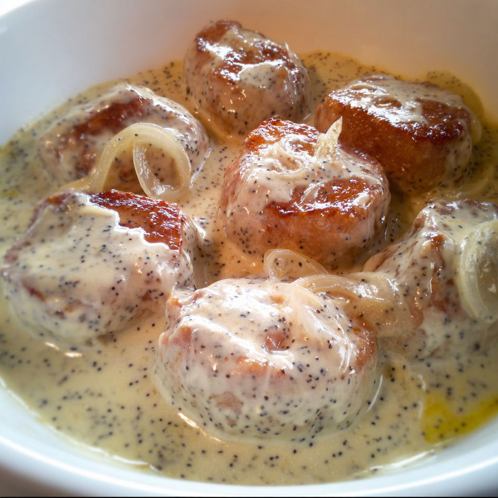 Une recette de paupiettes de porc à la crème fraîche est servie dans un bol.