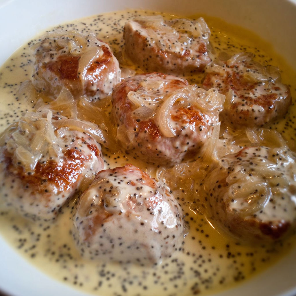 Des paupiettes de porc dans une sauce crémeuse, accompagnées de pommes de terre et de pâte de pommes.