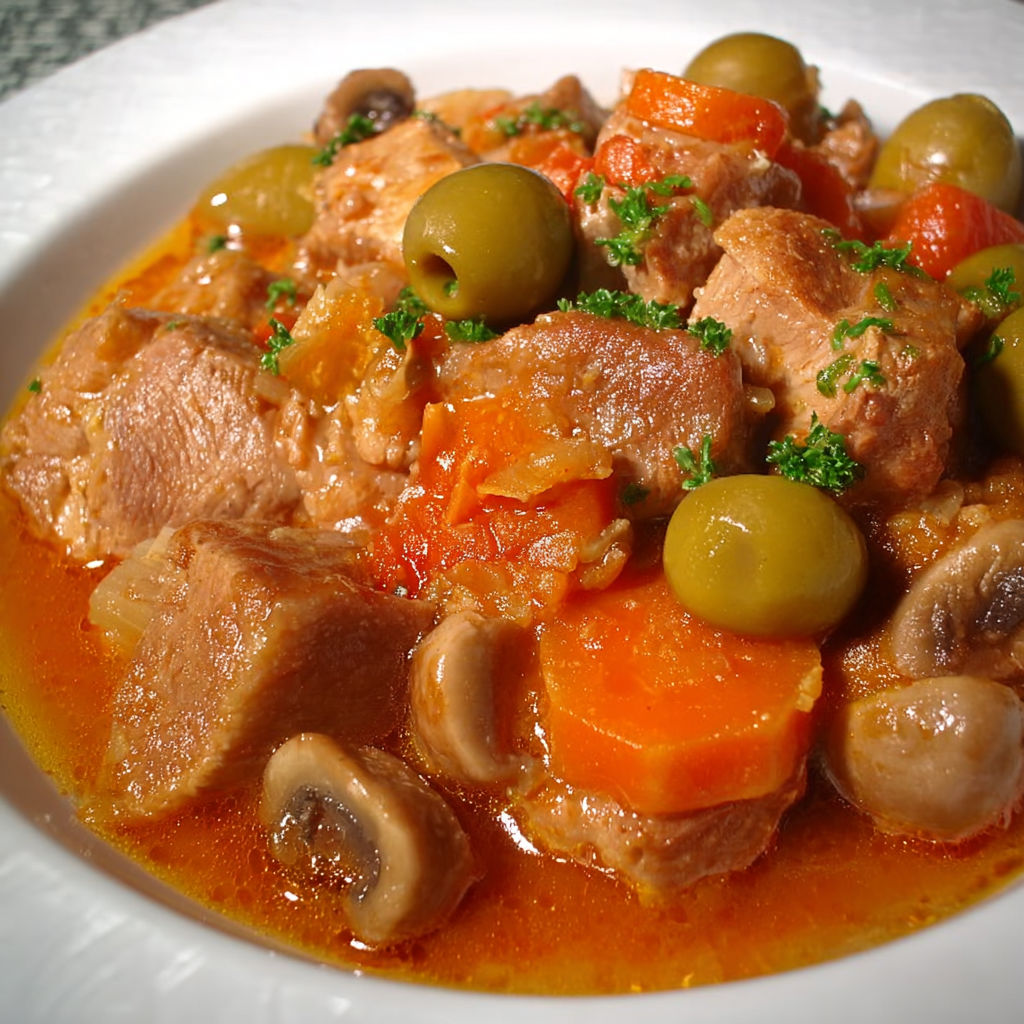 Une recette de Sauté de porc en ragoût est servie sur un plateau.