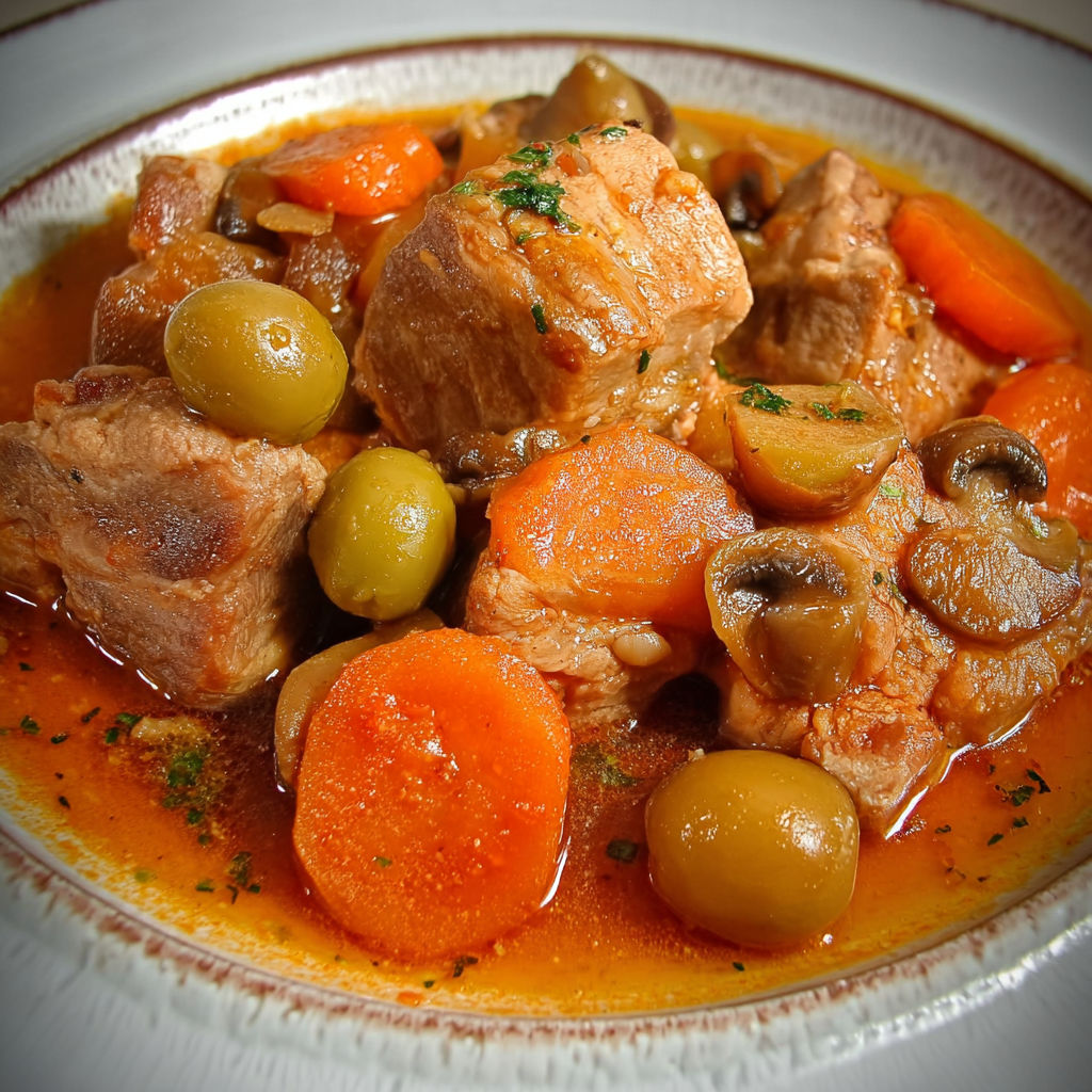 Une recette de bouillon de viande avec des carottes et des olives.