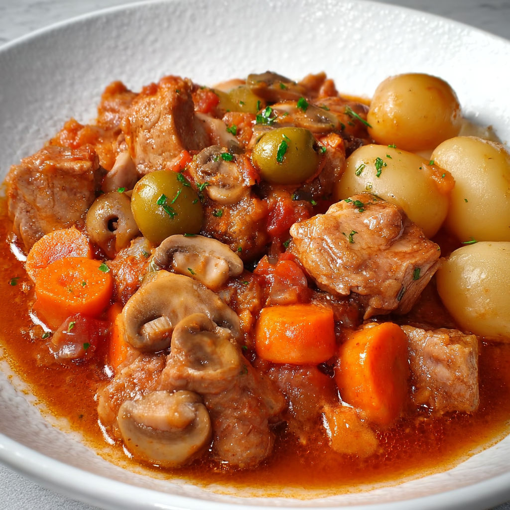 Une recette de stew avec des carottes, des champignons et des olives.