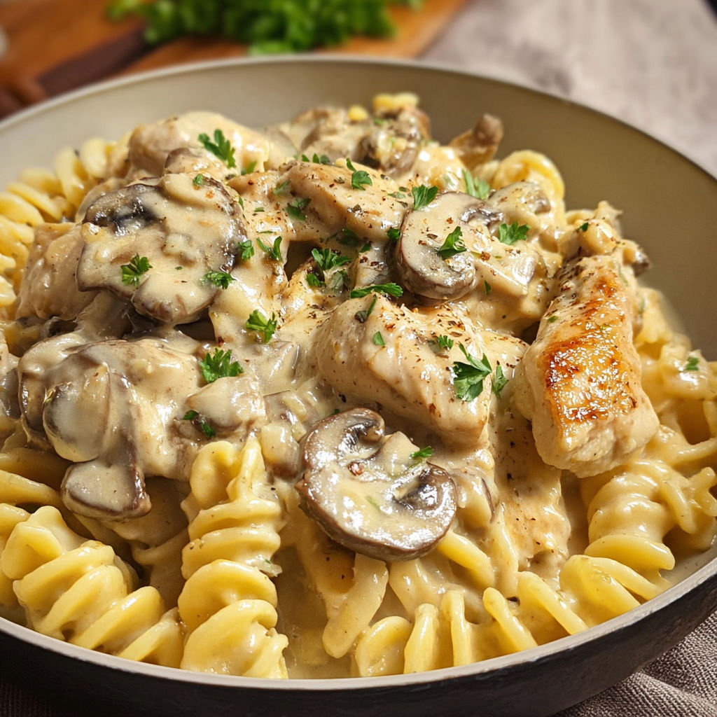 Une recette de macaroni aux champignons et au poulet.