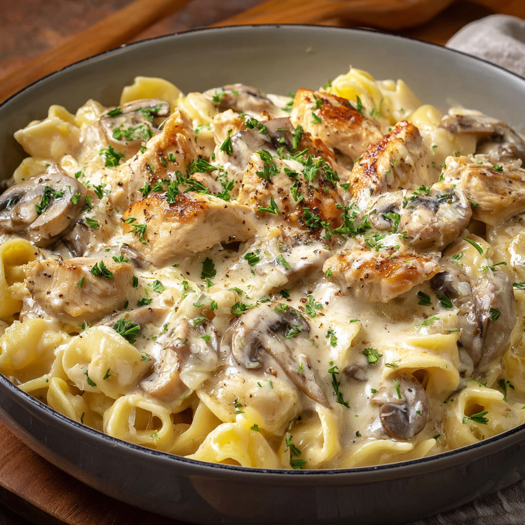 Une recette de macaroni aux chicken et champignons, servie dans un bol en métal.