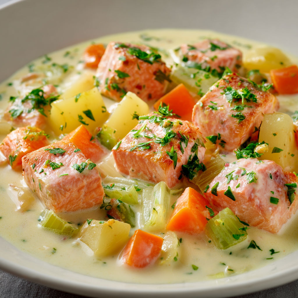 Une recette de bouillabaisse avec des légumes et des morceaux de viande.