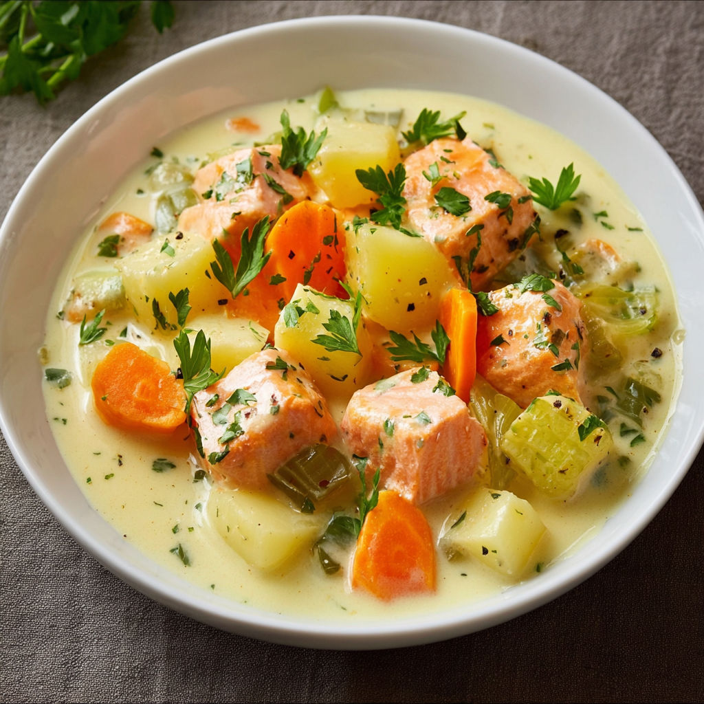 Une soupe de poisson et de légumes, avec des carottes, des pommes de terre et des légumes verts.
