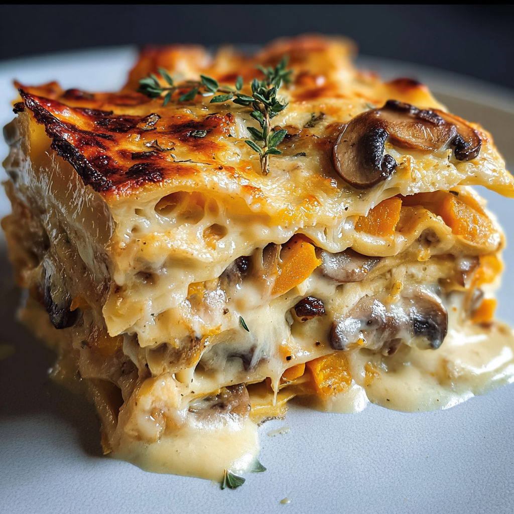 Un plat de lasagna à la courge et champignons, avec une sauce crémeuse et des herbes fraîches.