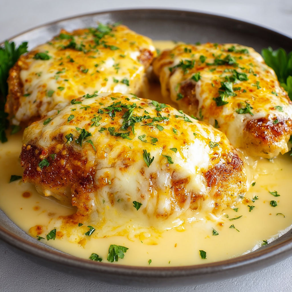 Un plat de poulet gratiné à la moutarde et au fromage, avec des herbes vertes sur le dessus.