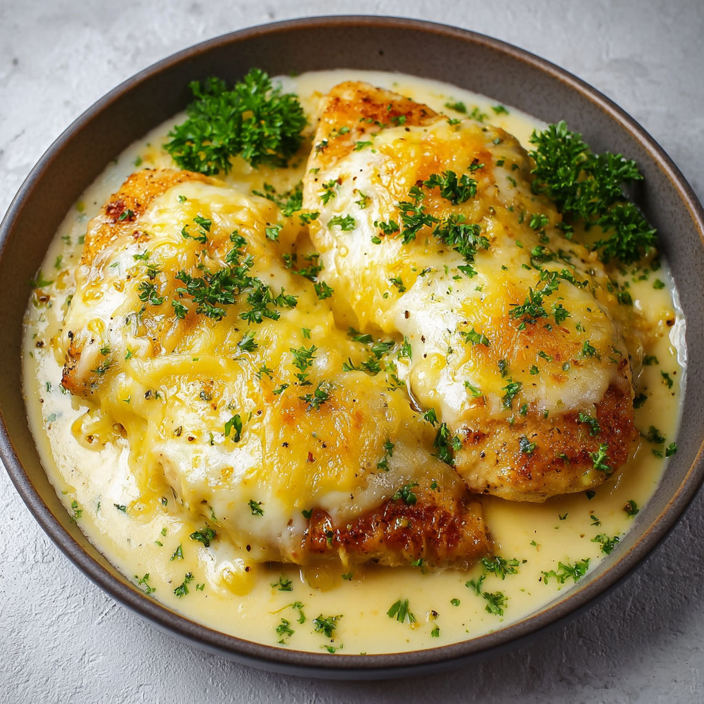 Une recette de poulet en sauce au fromage et herbes, servie dans un bol.