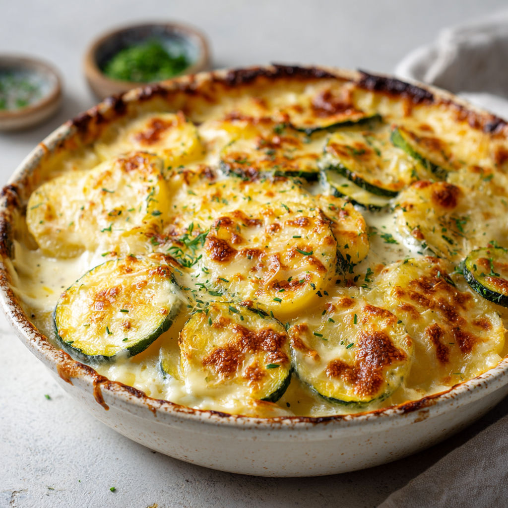 Une gratinée dauphinois aux courgettes, servie dans un bol en céramique.