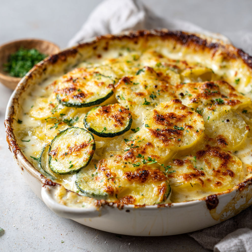 Une tarte au citron et aux courgettes, avec une sauce au fromage riche et des herbes fraîches, est servie dans un bol en porcelaine.