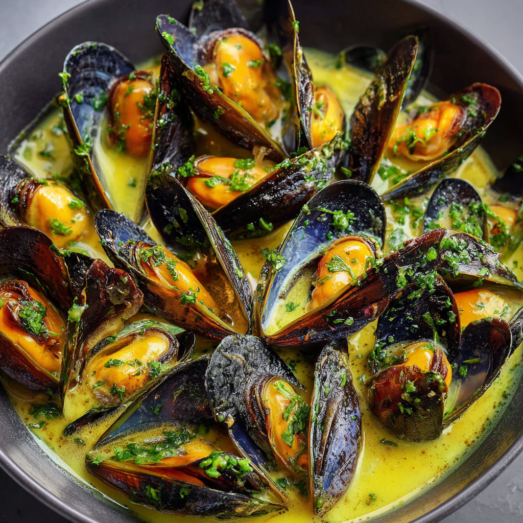 Une assiette de moules cuits dans une sauce au pesto et herbes.