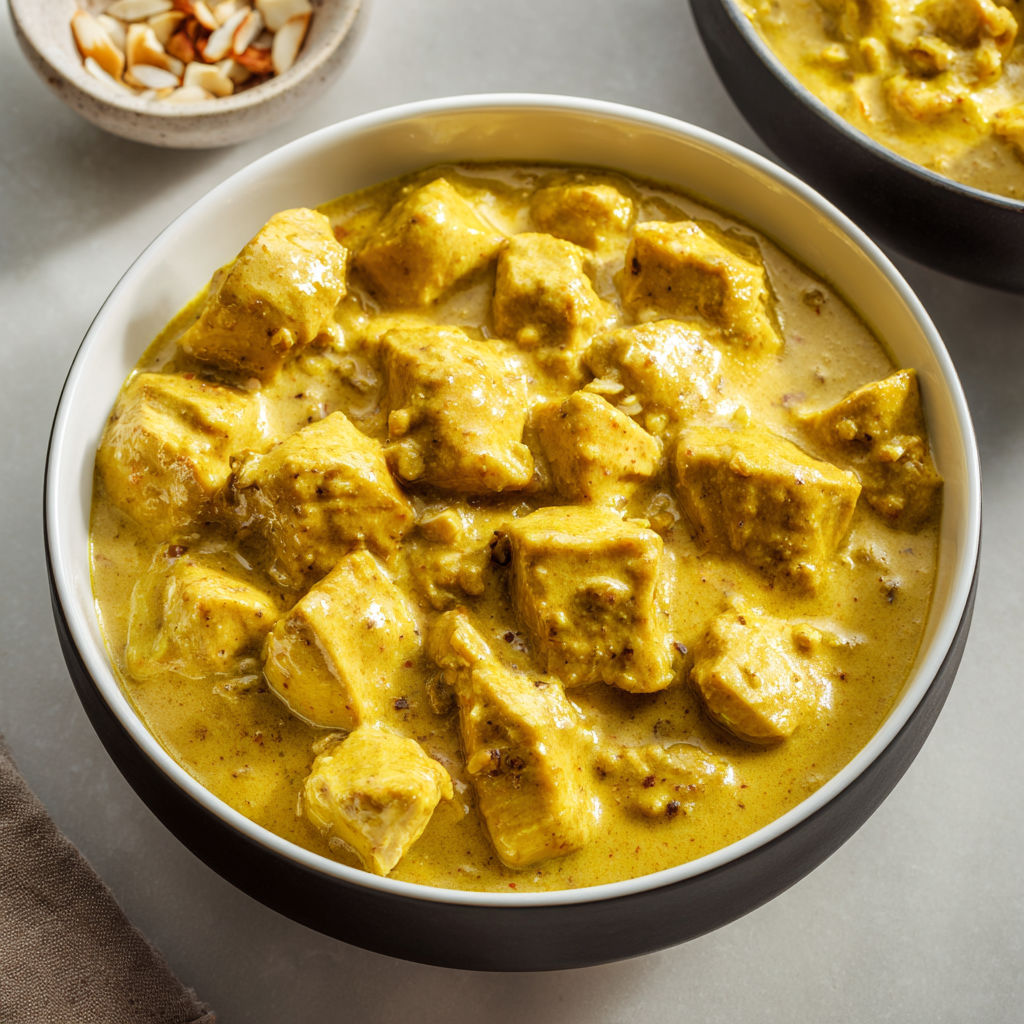 Une soupe au curry avec des morceaux de poulet et des noix de coco.