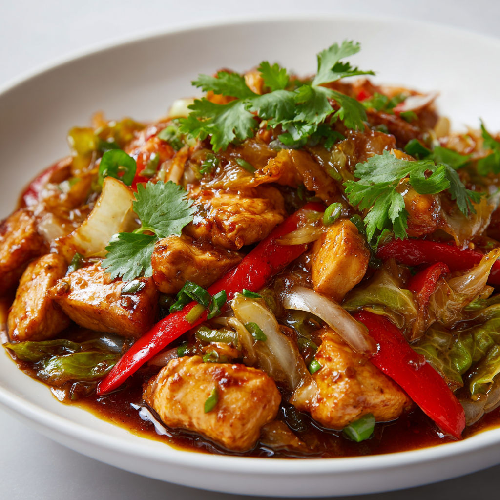 Une assiette de poulet chinois sauté au chou, avec des légumes tels que des poivrons et des oignons, est servie sur une table.